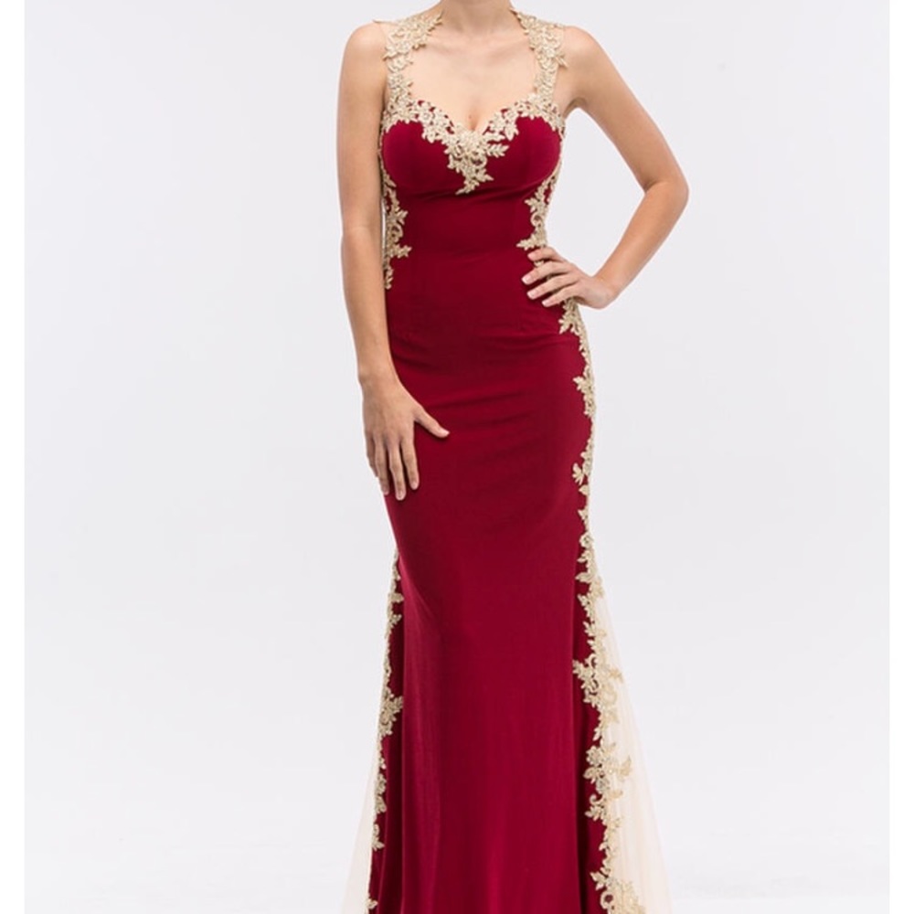 New never worn red and gold prom or evening dress.